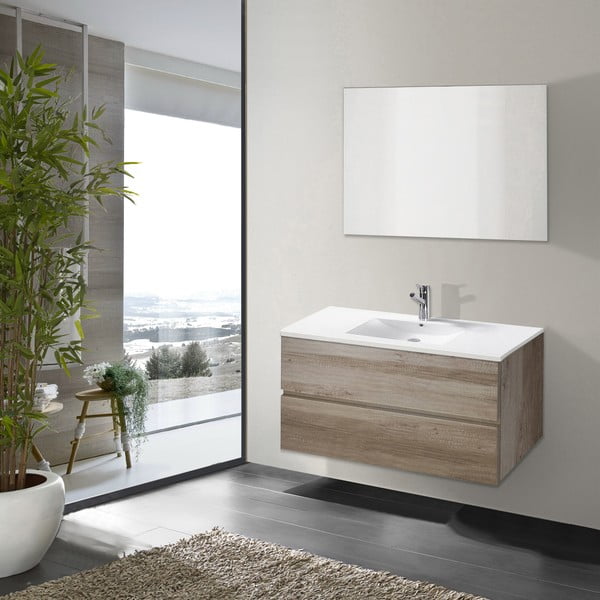 Kúpeľňová skrinka s umývadlom a zrkadlom Flopy, dekor dubu, 90 cm