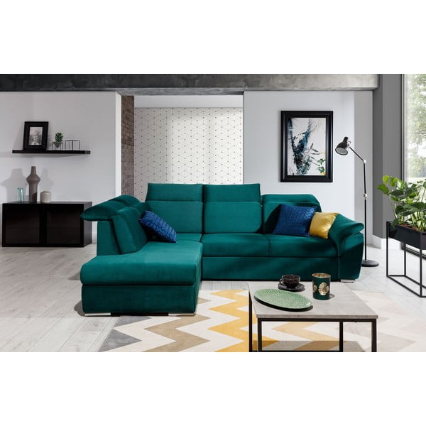 Zelená zamatová rozkladacia/s úložným priestorom rohová pohovka (ľavý roh/do L) Loreto – ELTAP-image-1