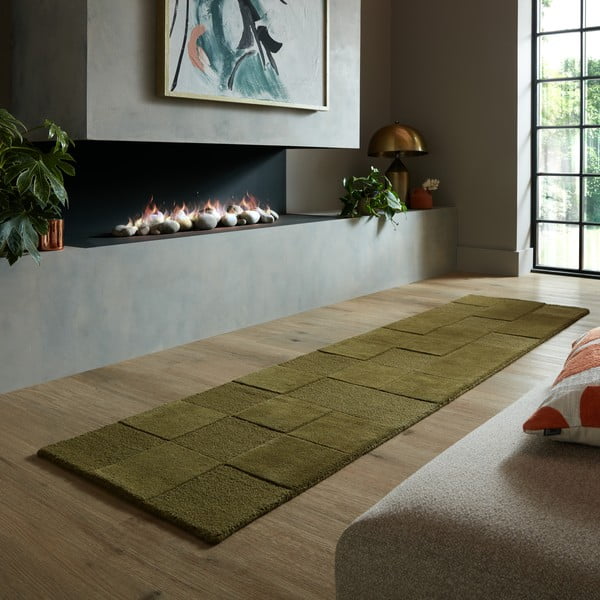 Kaki ručne tkaný vlnený behúň 60x230 cm Checkerboard – Flair Rugs-image-1