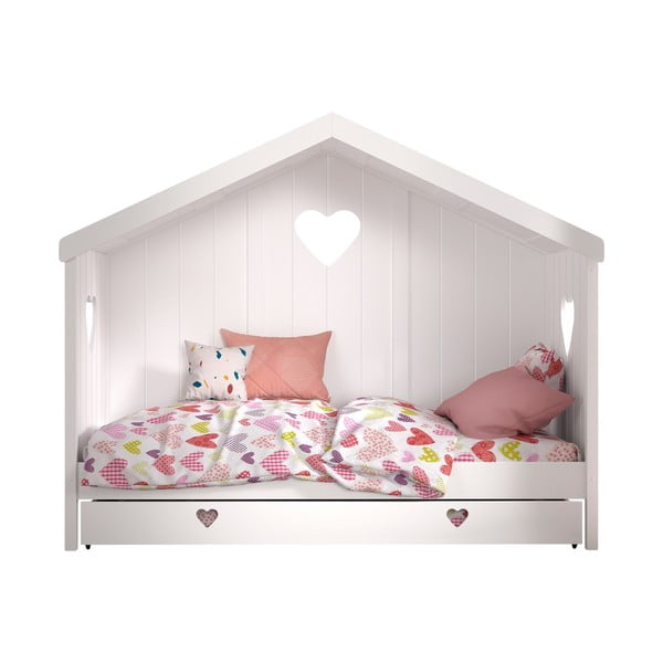 Biela domčeková detská posteľ z borovicového dreva s výsuvným lôžkom a úložným priestorom 90x200 cm AMORI – Vipack