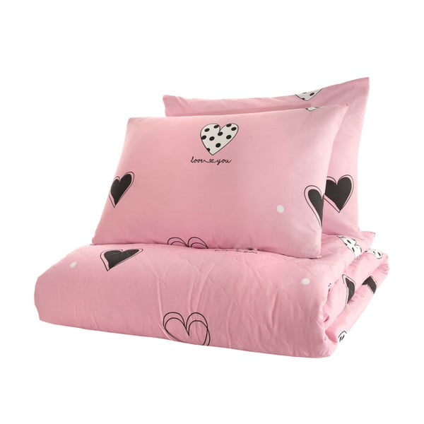 Ružová prikrývka cez posteľ s 2 obliečkami na vankúš z ranforce bavlny Mijolnir Hati, 225 x 240 cm