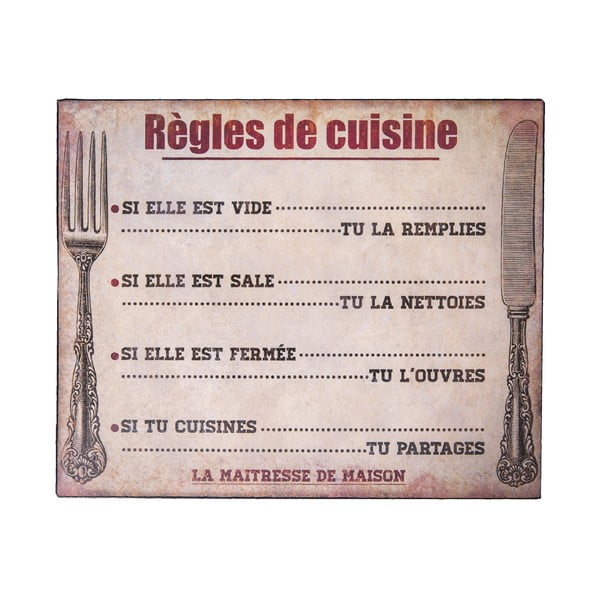 Plechová ceduľa Antic Line Règles de Cuisine