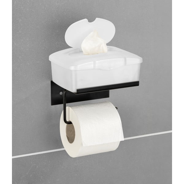 Čierny samodržiaci kovový držiak na toaletný papier s poličkou Desulo – Wenko-image-1
