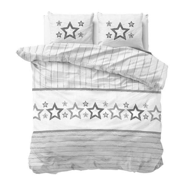 Sivo-biele obliečky z mikroperkálu Sleeptime Stars, 240 x 220 cm