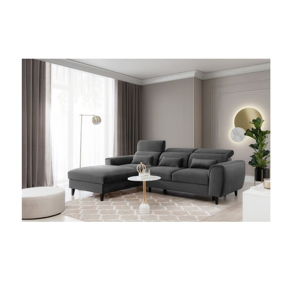 Tmavosivá zamatová rozkladacia/s úložným priestorom rohová pohovka (ľavý roh/s leňoškou) Foble – ELTAP-image-3