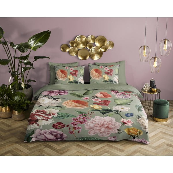 Zelené obliečky na dvojlôžko/predĺžené z bavlneného saténu 200x220 cm Fiori – Descanso-image-1