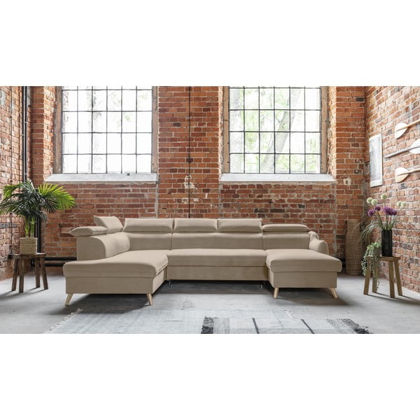 Béžová zamatová rozkladacia rohová pohovka do "U" (ľavý roh) Sweet Harmony – Miuform-image-1