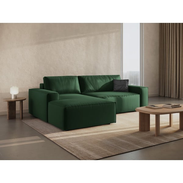 Tmavozelená zamatová rozkladacia/s úložným priestorom rohová pohovka (ľavý roh/s leňoškou) Jodie – Micadoni -image-1