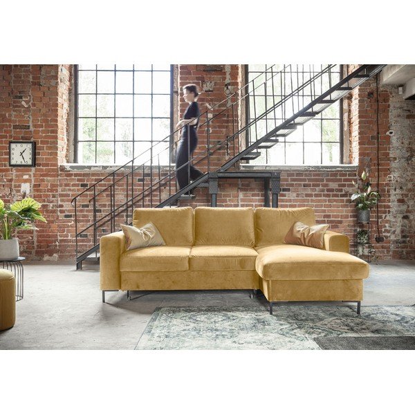 Horčicovožltá zamatová rozkladacia rohová pohovka Miuform Lofty Lilly, pravý roh-image-1