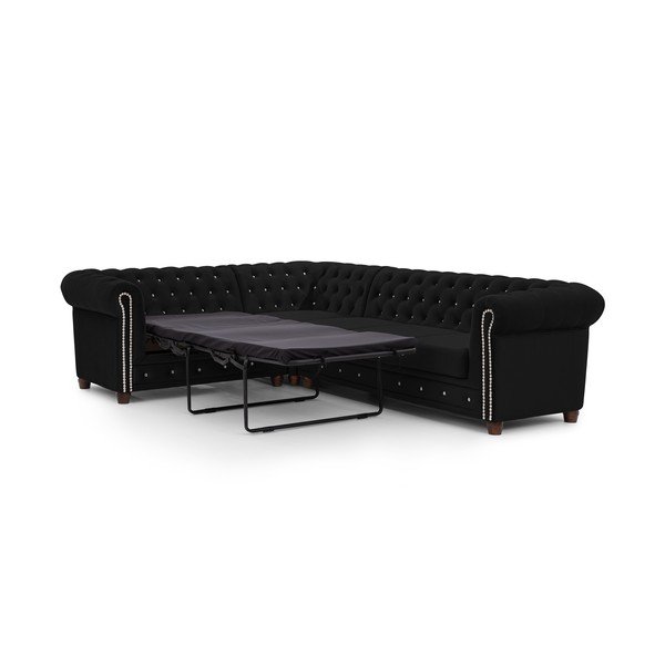 Čierna zamatová rozkladacia rohová pohovka (ľavý roh/do L) York Blik – Ropez-image-2