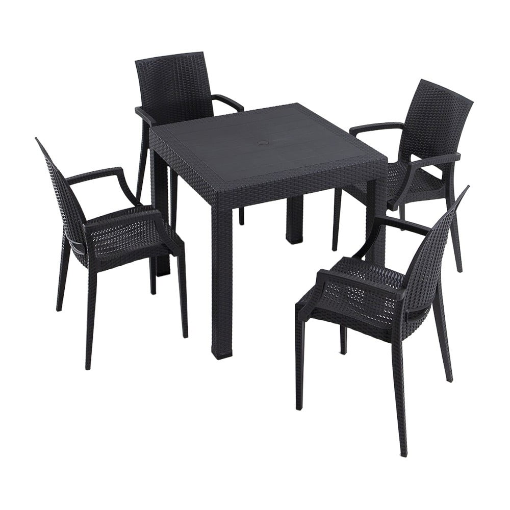 Antracitová záhradná jedálenská súprava z umelého ratanu pre 4 Rattan – Floriane Garden