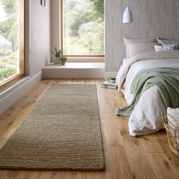 Kaki ručne tkaný vlnený behúň 80x230 cm Harris Boucle – Flair Rugs-image-1