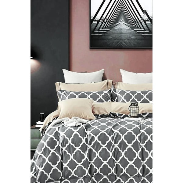 Sivo-béžové predĺžené štvordielne bavlnené obliečky na dvojlôžko s plachtou 200x220 cm Geometric – Mila Home