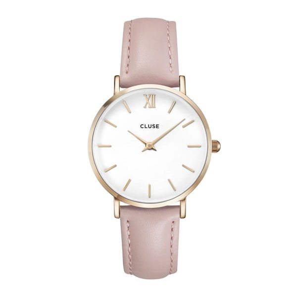 Dámske hodinky s ružovým koženým remienkom a detailmi v zlatej farbe Cluse La Minuit