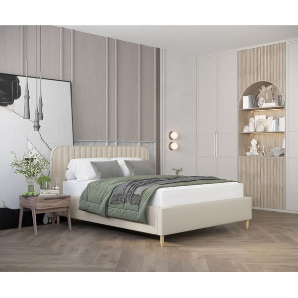 Béžová čalúnená dvojlôžková posteľ s úložným priestorom s roštom 160x200 cm Noto – Maison de Rêve-image-1