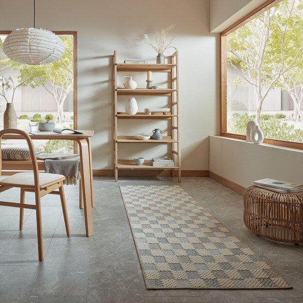 Modrý prateľný behúň s prímesou bavlny 80x230 cm Muted Checkerboard – Flair Rugs-image-1