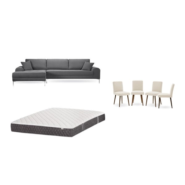 Set sivej pohovky s leňoškou vľavo, 4 krémových stoličiek a matraca 160 × 200 cm Home Essentials