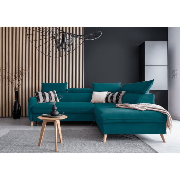 Tyrkysová zamatová rozkladacia rohová pohovka (pravý roh) Sweet Harmony – Miuform-image-1