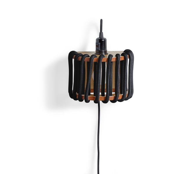 Čierna nástenná lampa s drevenou konštrukciou EMKO Macaron, dĺžka 20 cm