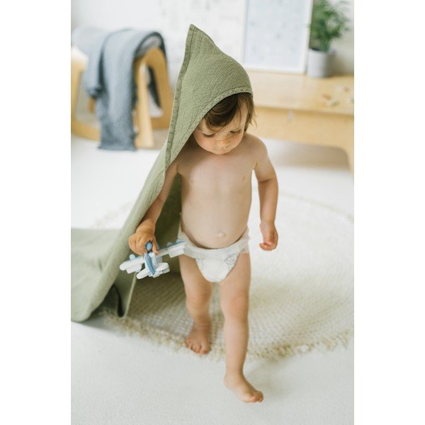 Detská zelená osuška s kapucňou Linen Tales Waffle, 100 x 100 cm-image-3