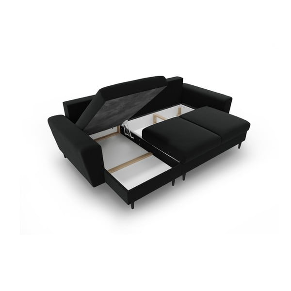 Čierna zamatová rozkladacia/s úložným priestorom rohová pohovka Kyoto – Cosmopolitan Design-image-3