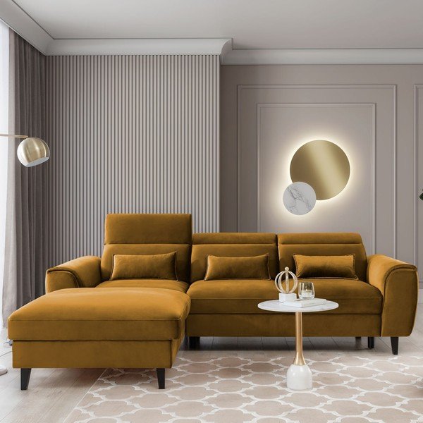 Žltá zamatová rozkladacia/s úložným priestorom rohová pohovka (ľavý roh/s leňoškou) Foble – ELTAP-image-1