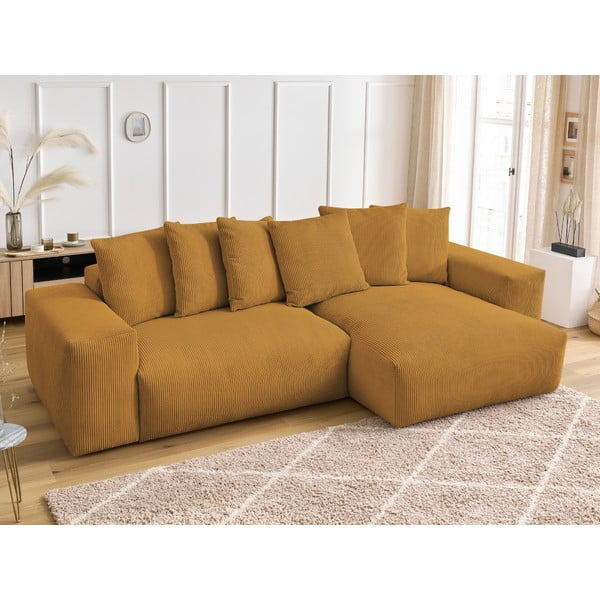 Menčestrová rozkladacia/s úložným priestorom rohová pohovka v horčicovej farbe Voltaire – Bobochic Paris-image-4