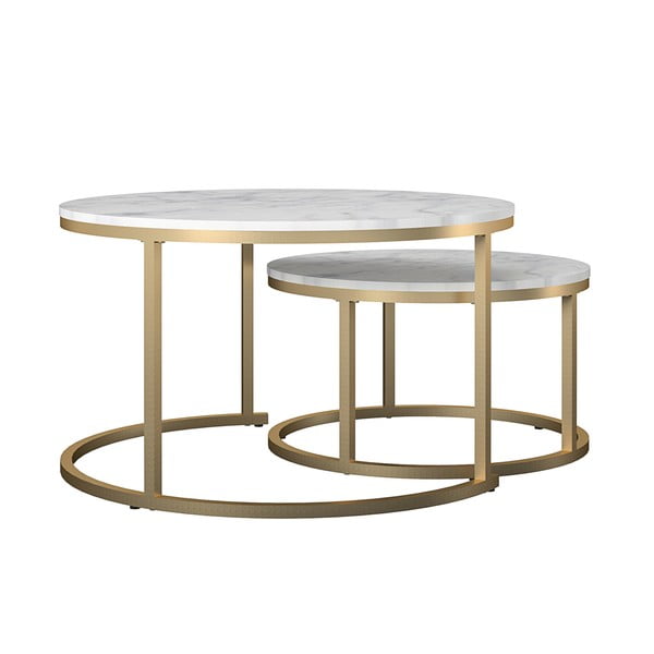 Biele/v zlatej farbe okrúhle konferenčné stolíky v súprave 2 ks s doskou v dekore mramoru ø 79 cm Amelia – CosmoLiving by Cosmopolitan