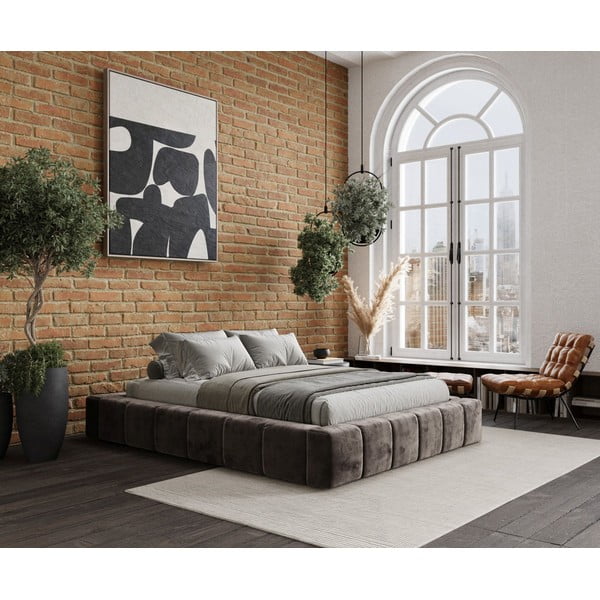 Hnedá čalúnená dvojlôžková posteľ s úložným priestorom s roštom 200x200 cm Aruba L – Maison de Rêve-image-1