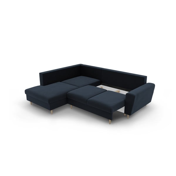 Tmavomodrá zamatová rozkladacia/s úložným priestorom rohová pohovka (ľavý roh/do L) Kyoto – Cosmopolitan Design-image-3