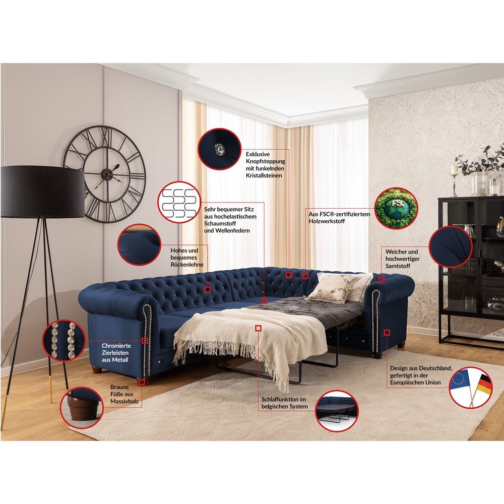 Modrá zamatová rozkladacia rohová pohovka (pravý roh/do L) York Blik – Ropez