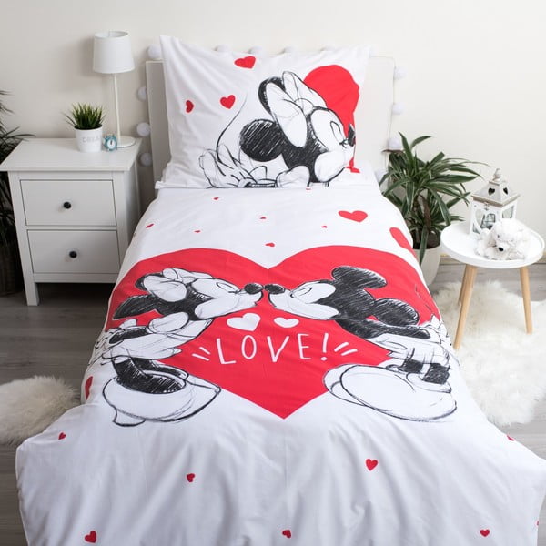 Červeno-biele bavlnené detské obliečky na jednolôžko 140x200 cm Mickey and Minnie "Love" – ​​Jerry Fabrics-image-1