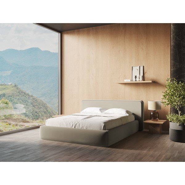 Béžová čalúnená dvojlôžková posteľ s úložným priestorom s roštom 180x200 cm Kiana – Makamii-image-1