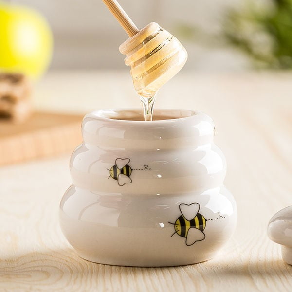 Keramická dóza na med s viečkom a drevenou naberačkou Just Mustard Honey