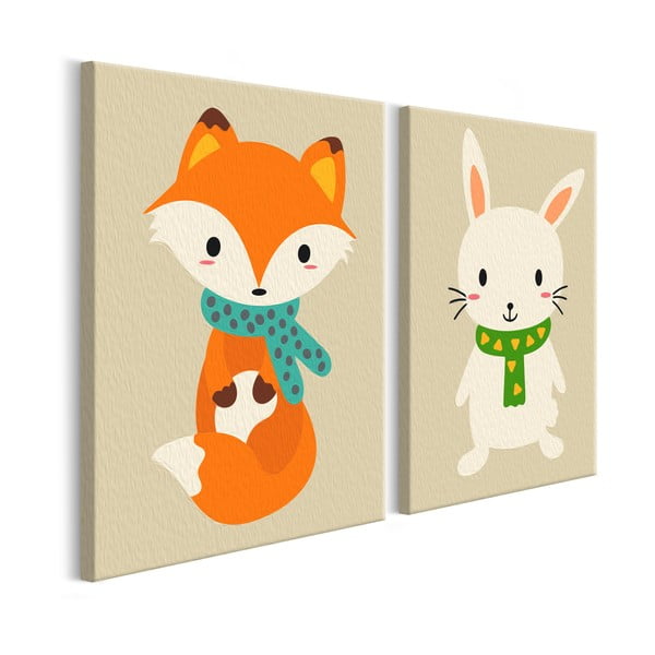 DIY set na tvorbu vlastného dvojdielneho obrazu na plátne Artgeist Fox & Bunny, 33 × 23 cm