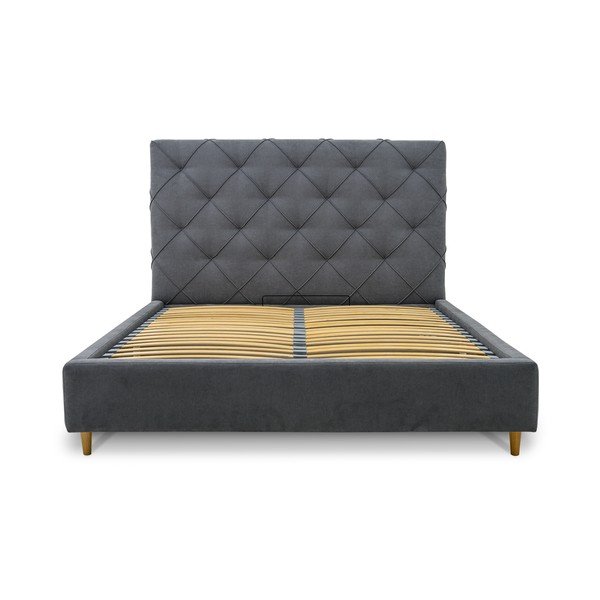 Sivá čalúnená dvojlôžková posteľ s úložným priestorom a roštom 160x200 cm Bee – Scandic-image-3