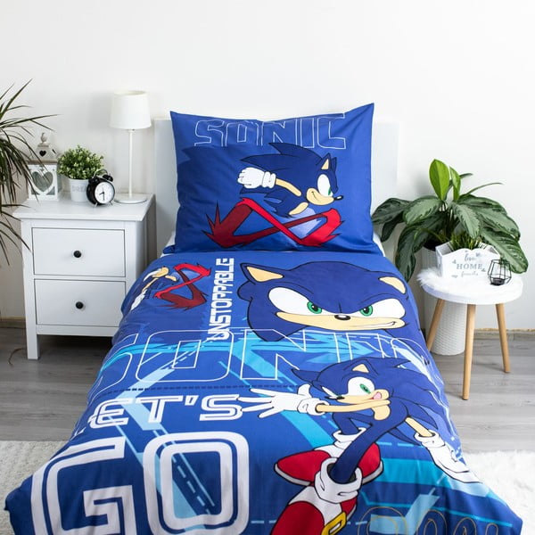 Modré bavlnené detské obliečky na jednolôžko 140x200 cm Sonic "Let´s go" – Jerry Fabrics-image-1