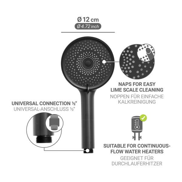 Matne čierna plastová sprchová hlavica ø 12 cm Softwater – Wenko-image-3