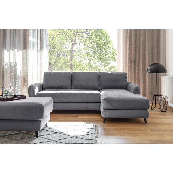Svetlosivá zamatová rohová pohovka s podnožkou Miuform Cosy Claire, pravý roh-image-2