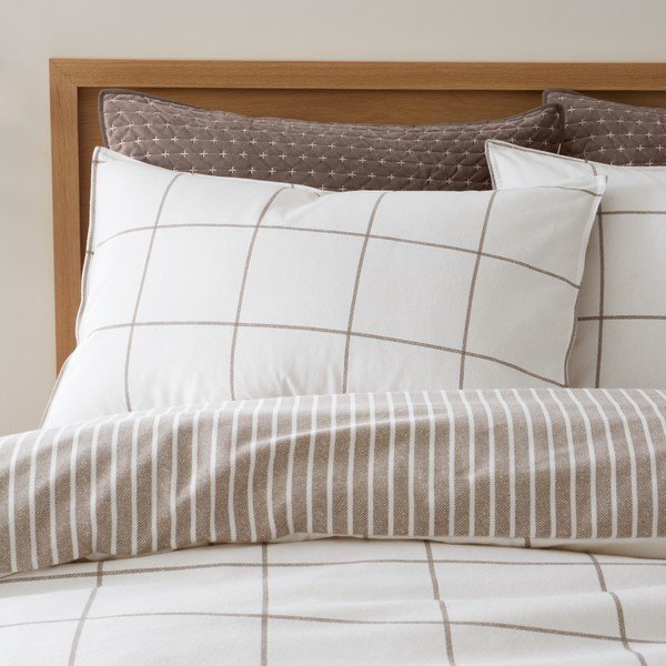 Krémovobiele/taupe flanelové obliečky na dvojlôžko 200x200 cm Brushed Regal Check – Bianca-image-2