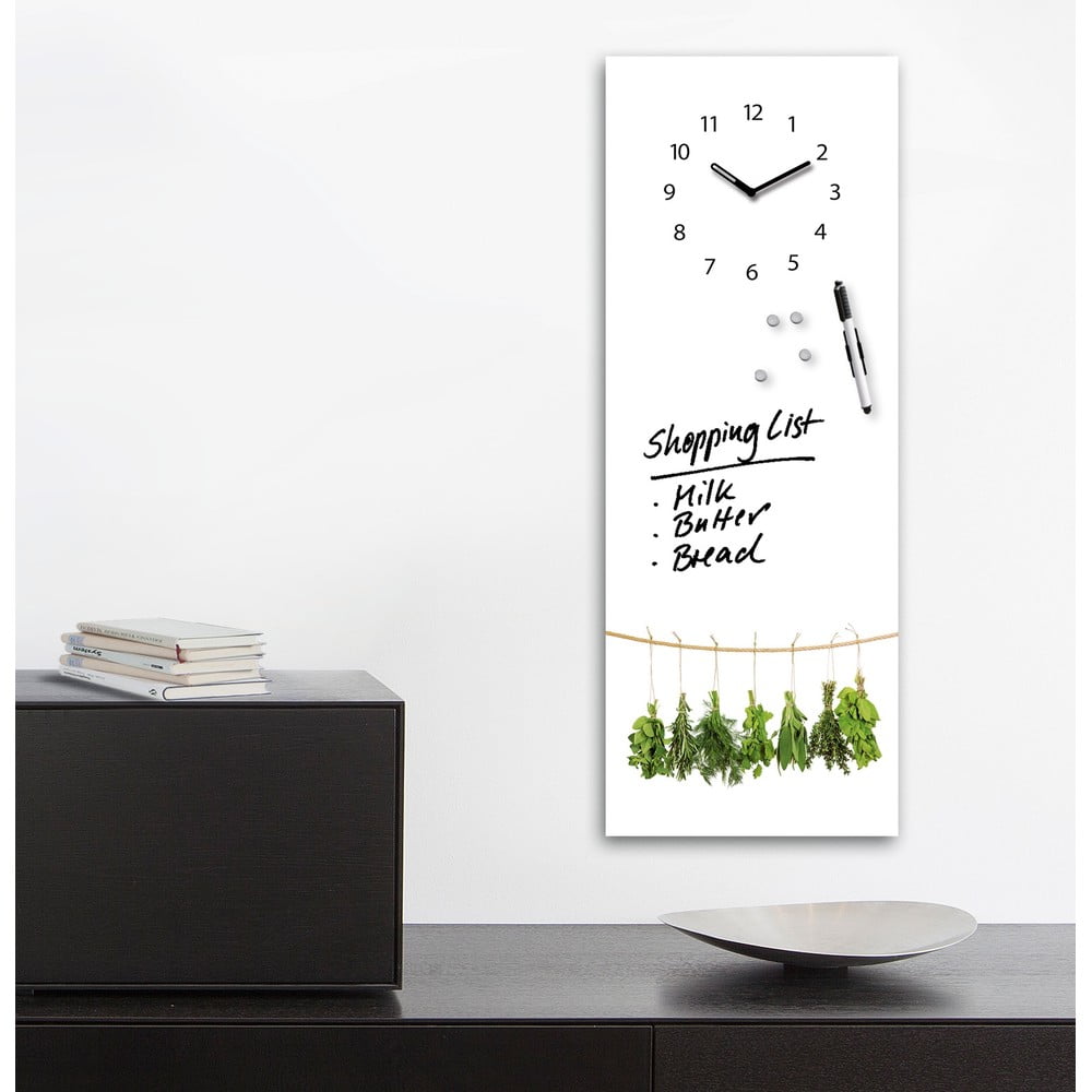 Magnetická tabuľa s hodinami Hanging Herbs, 30 x 80 cm