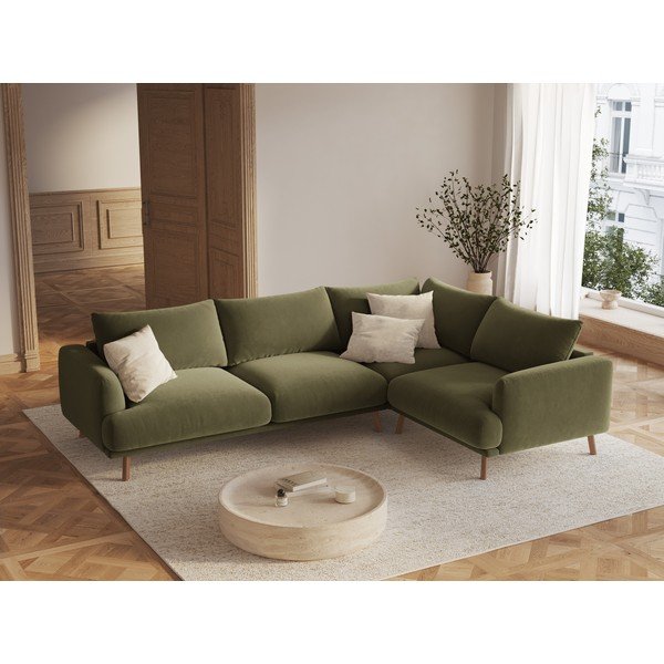 Zelená zamatová rohová pohovka (pravý roh/do L) Naomi – Micadoni -image-1