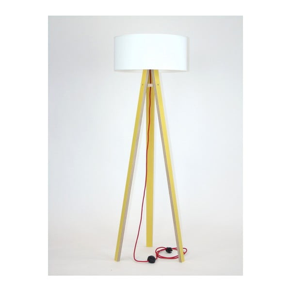 Žltá stojacia lampa s bielym tienidlom a červeným káblom Ragaba Wanda