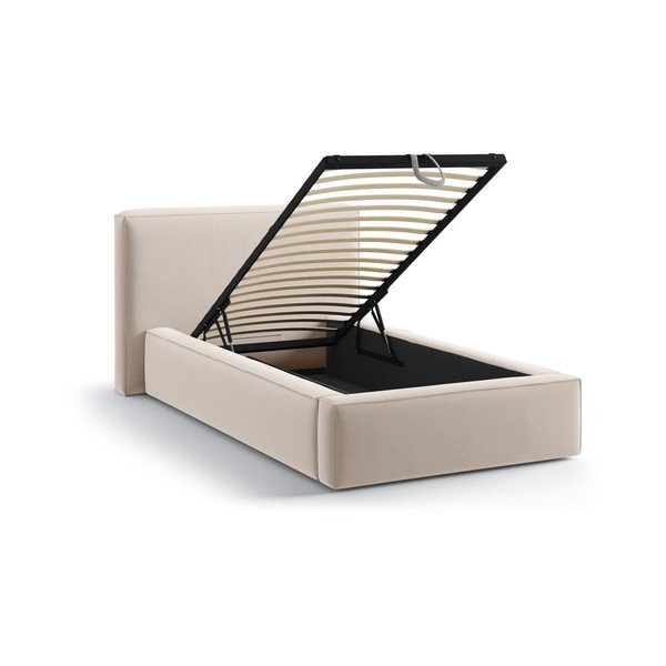 Béžová čalúnená jednolôžková posteľ s úložným priestorom s roštom 90x200 cm Jodie – Micadoni -image-1