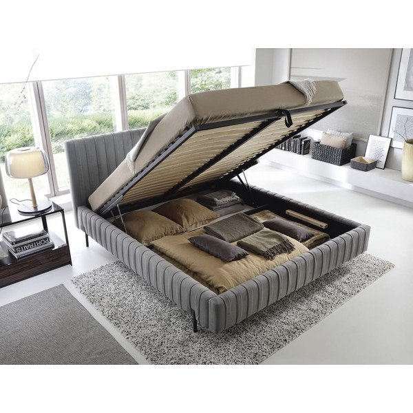 Sivá čalúnená dvojlôžková posteľ s úložným priestorom s roštom 160x200 cm Plissa – ELTAP-image-2