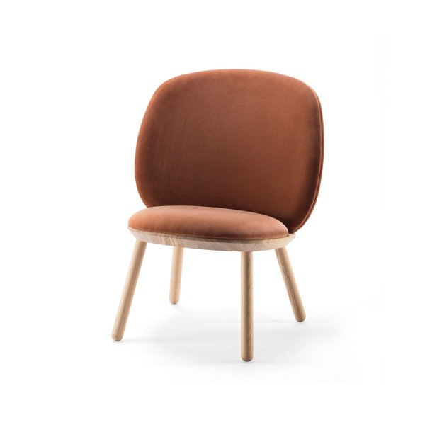 Terakotovooranžové zamatové kreslo s konštrukciou z jaseňového dreva a koženými detailmi EMKO Naïve-image-4