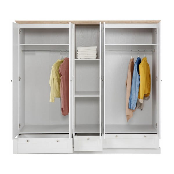 Biela päťdverová šatníková skriňa s detailmi v dubovom dekore Støraa Bruce-image-1