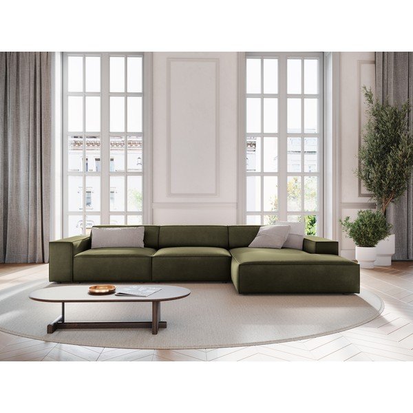 Khaki zamatová modulárna rohová pohovka (pravý roh/s leňoškou) Jodie – Micadoni -image-1