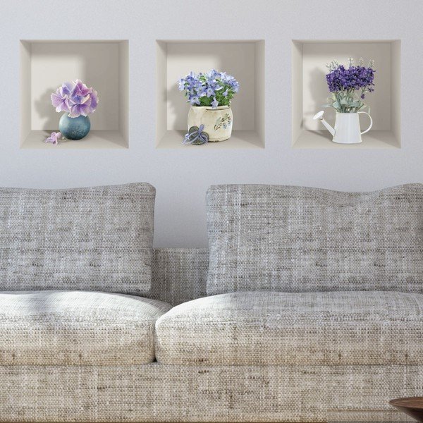 Sada 3 3D samolepiek na stenu Ambiance Purple Bouquets-image-1