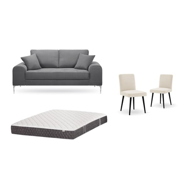 Set dvojmiestnej sivej pohovky, 2 krémových stoličiek a matraca 140 × 200 cm Home Essentials